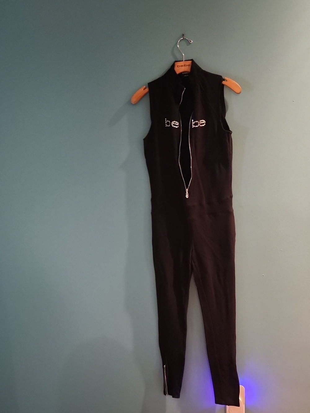 bebe Black Sleeveless Rhinestone Logo Zip Jumpsuit